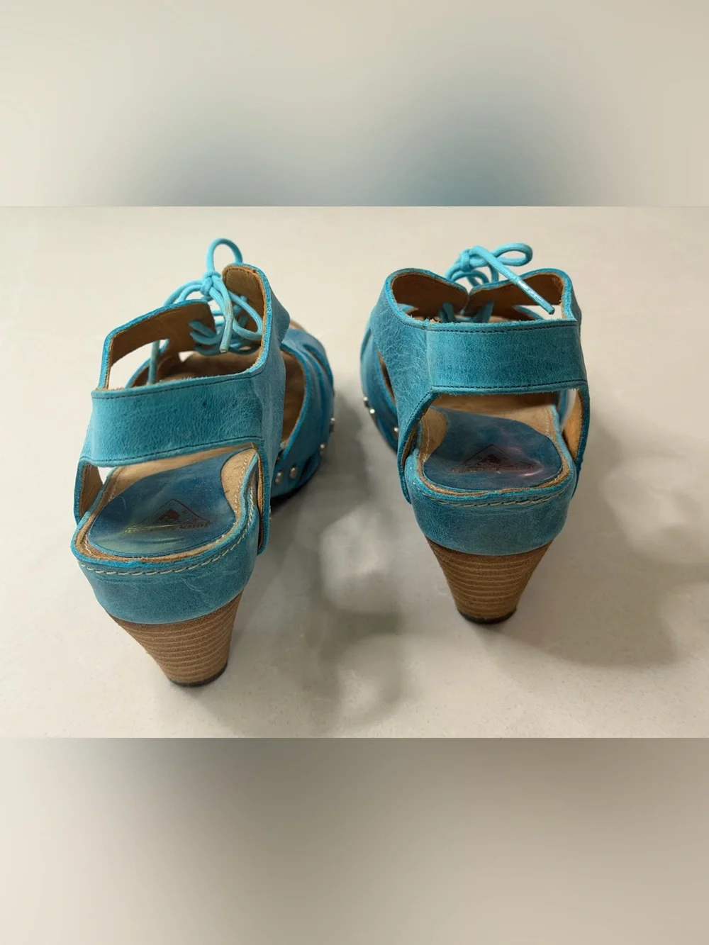 John Fluevog Joni Teal Blue Leather Wood Platform Lace Up Low Rule Sandals, 8